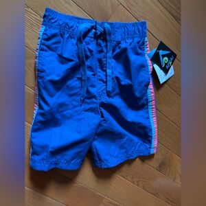 Blue Swim Shorts with Pink and Green Accents